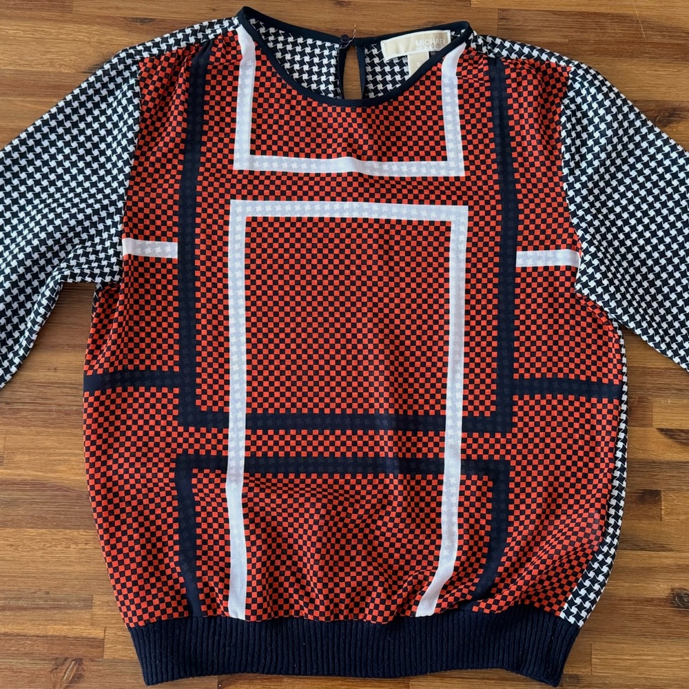 Michael Kors Red and Black Crewneck Sweater with Geometric Design